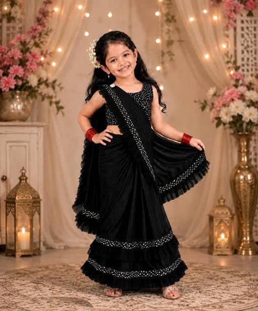 Aika Lycra Ready To Wear Saree For Girls ( Black , Pack of 1 )