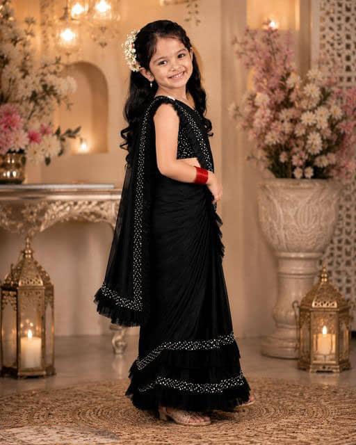 Aika Lycra Ready To Wear Saree For Girls ( Black , Pack of 1 ) - Image 3