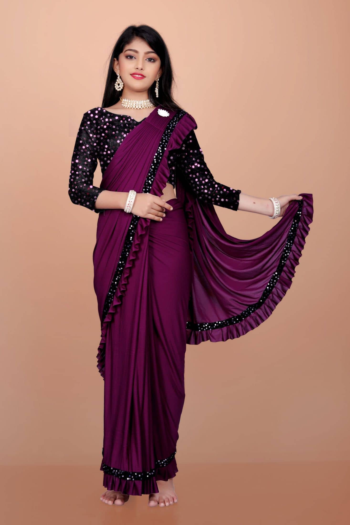 Aika - Wine Lycra Girls Saree ( Pack of 1 )