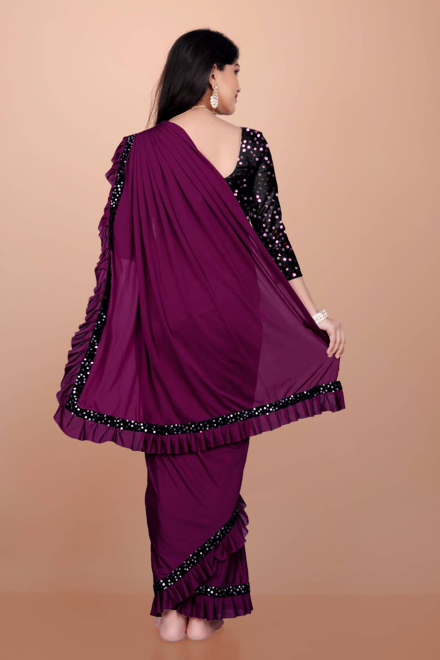 Aika - Wine Lycra Girls Saree ( Pack of 1 ) - Image 2