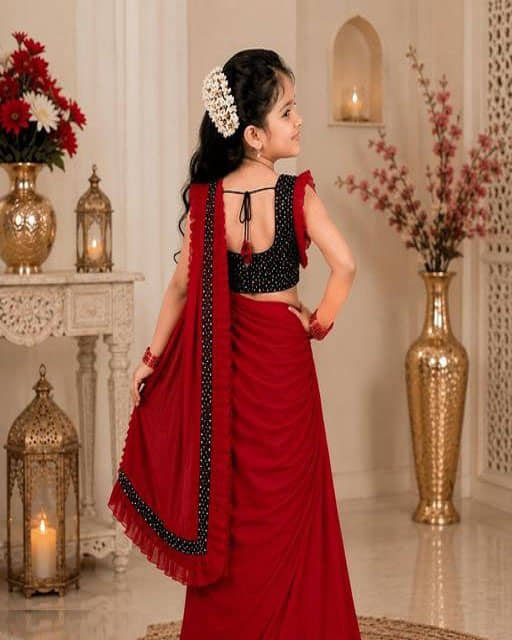 Apnisha Lycra Ready To Wear Saree For Girls ( Maroon , Pack of 1 ) - Image 2