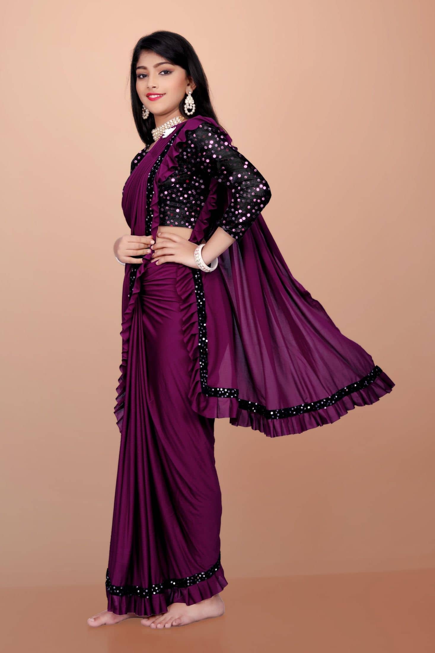 Apnisha Lycra Saree For Girls ( Wine , Pack of 1 ) - Image 3