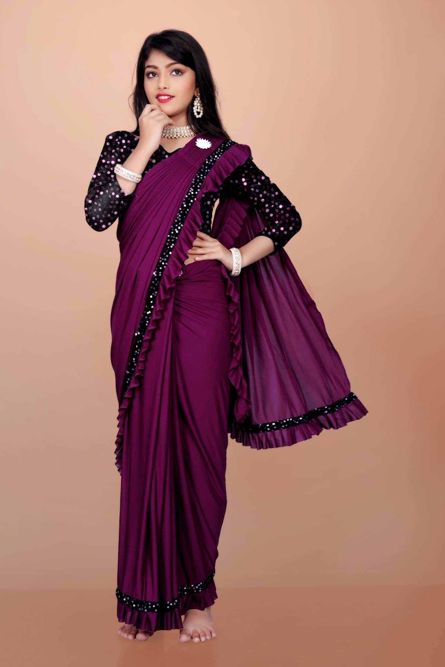Apnisha Lycra Saree For Girls ( Wine , Pack of 1 ) - Image 4