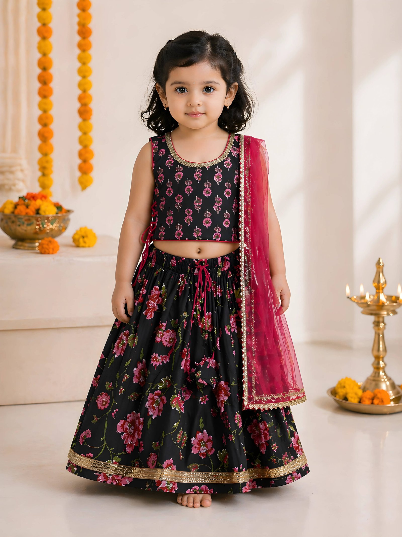 Arshia Fashions Cotton Lehenga Choli Set For Girls ( Pack of 1 , Black )