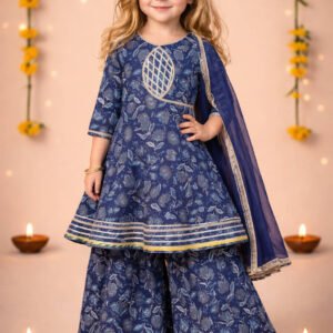 Arshia Fashions Girls Cotton Blend Kurti with Sharara ( Pack of 1 , Blue )