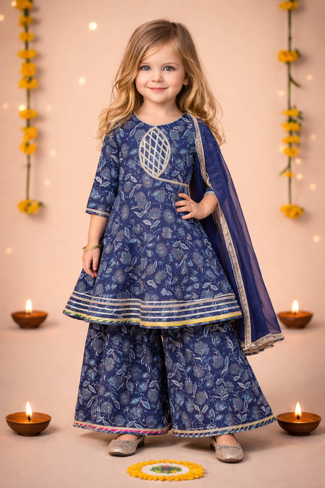 Arshia Fashions Girls Cotton Blend Kurti with Sharara ( Pack of 1 , Blue )