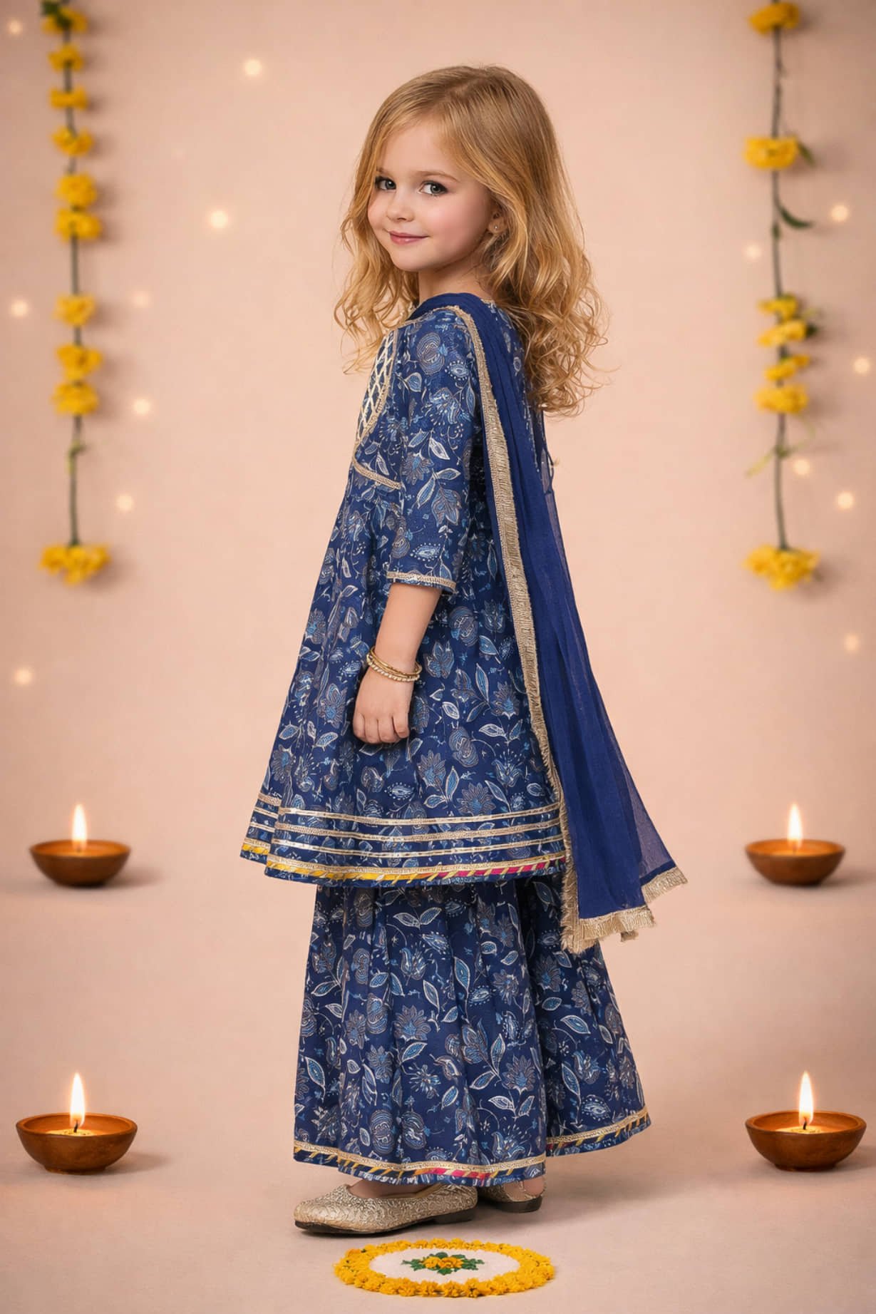 Arshia Fashions Girls Cotton Blend Kurti with Sharara ( Pack of 1 , Blue ) - Image 3