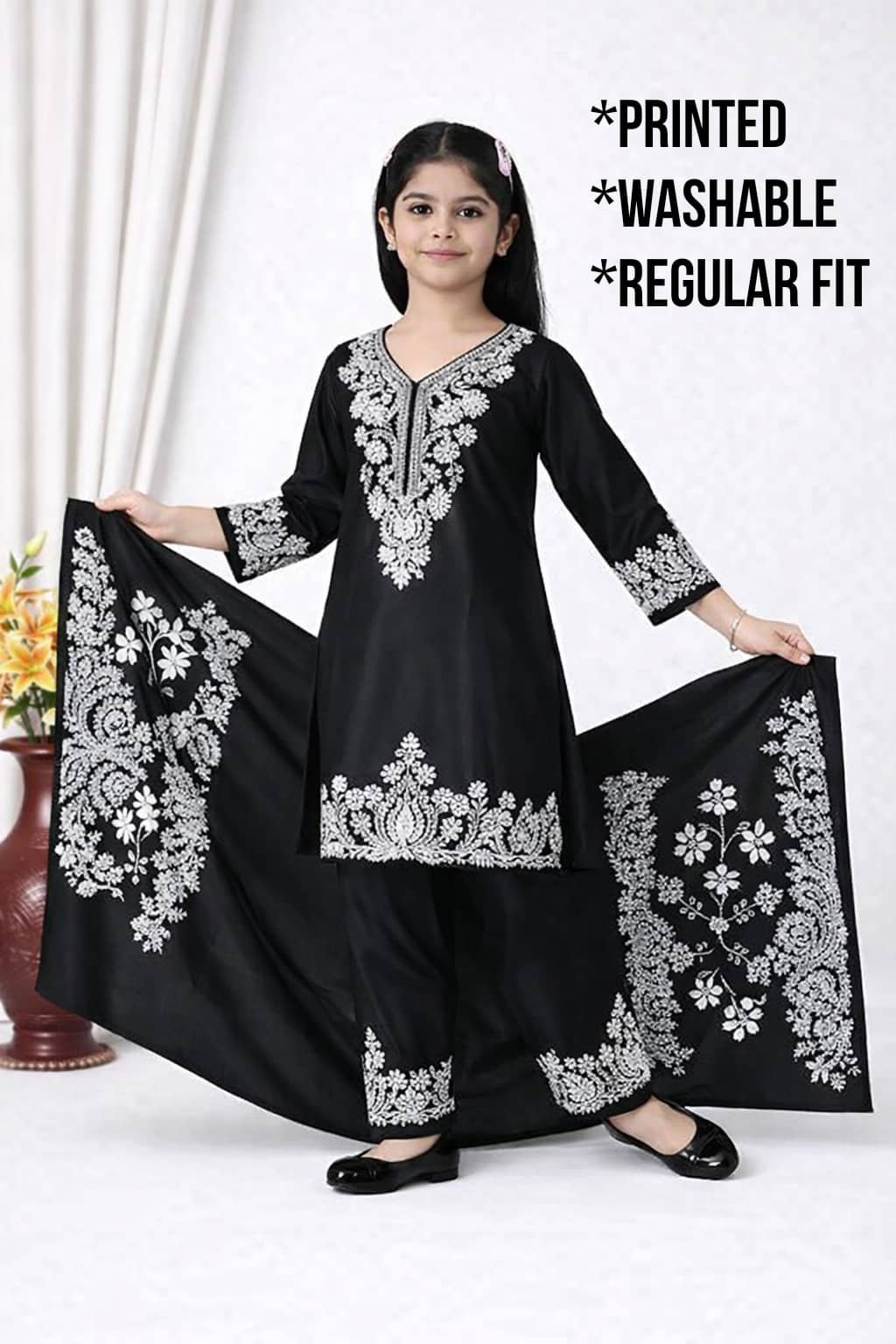 Girls Rayon Kurti with Pants ( Pack of 1 , Black ) - Image 3