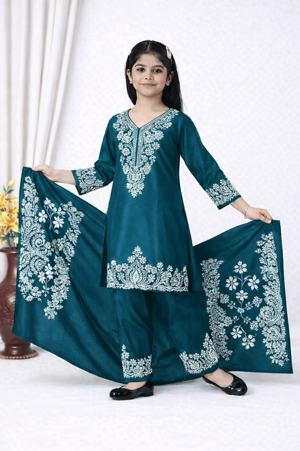 Girls Rayon Kurti with Pants ( Pack of 1 , Dark Blue )