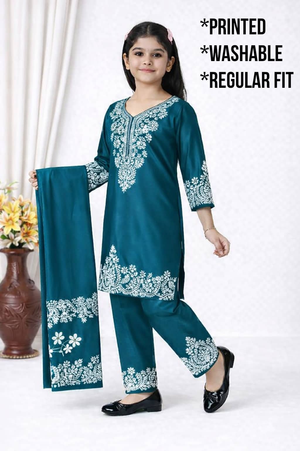 Girls Rayon Kurti with Pants ( Pack of 1 , Dark Blue ) - Image 4