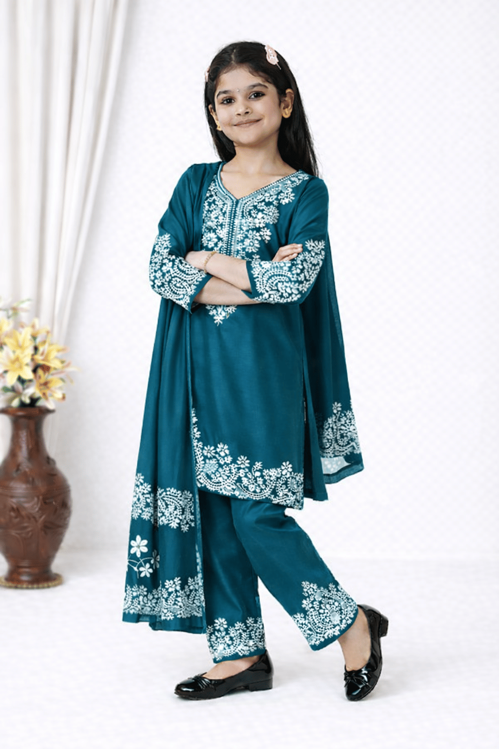Girls Rayon Kurti with Pants ( Pack of 1 , Dark Blue ) - Image 5