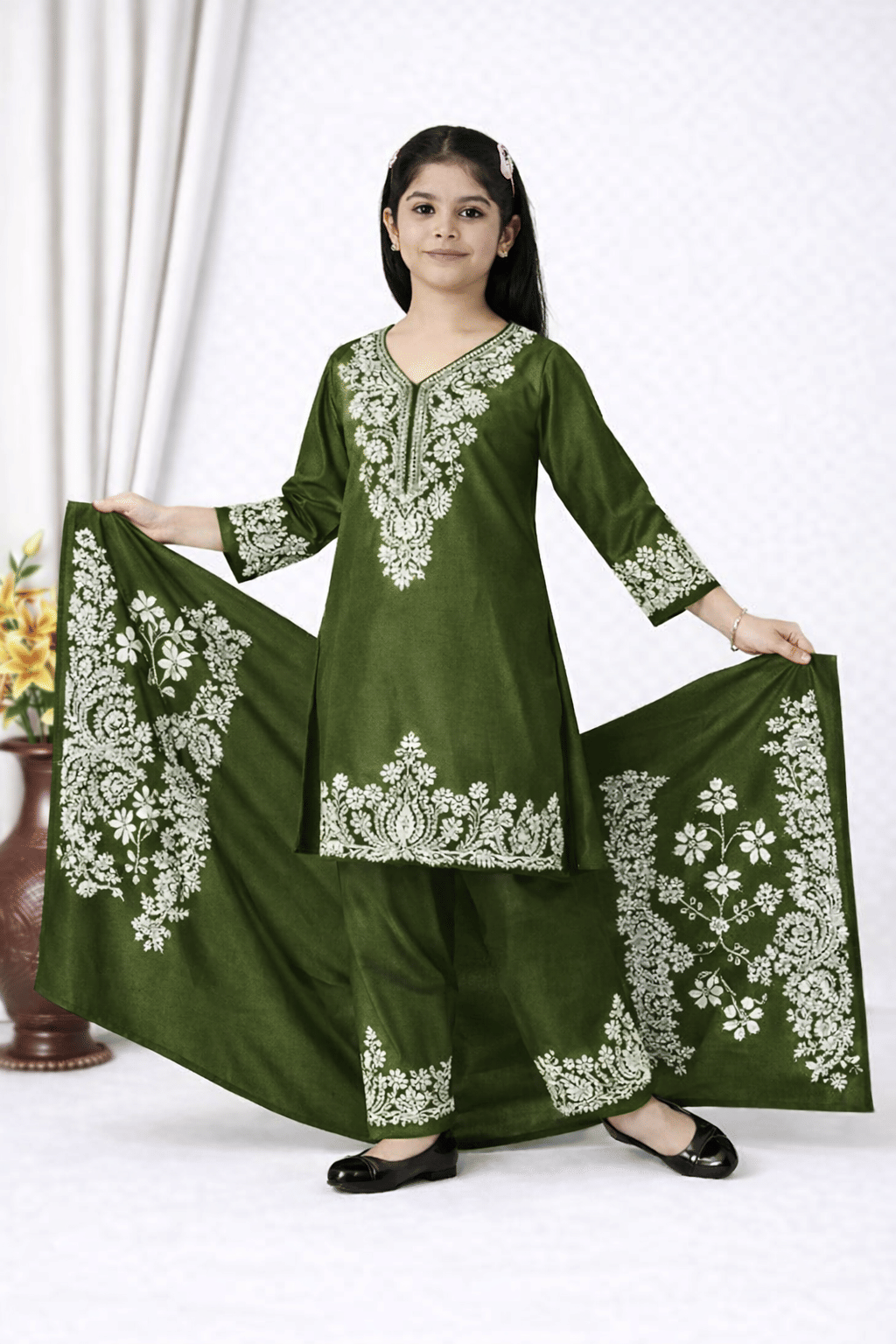 Girls Rayon Kurti with Pants ( Pack of 1 , Olive Green )