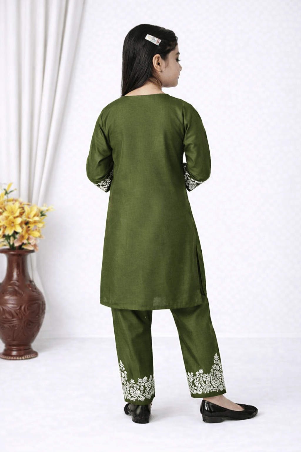 Girls Rayon Kurti with Pants ( Pack of 1 , Olive Green ) - Image 3