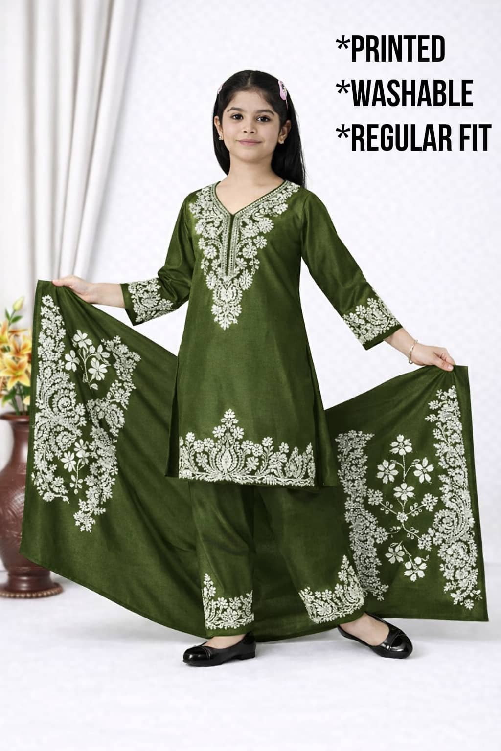 Girls Rayon Kurti with Pants ( Pack of 1 , Olive Green ) - Image 4