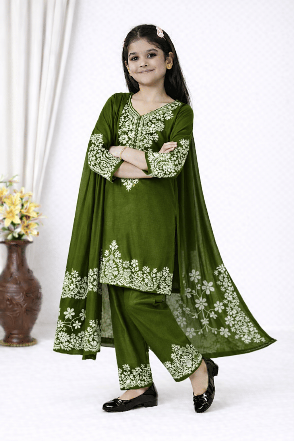 Girls Rayon Kurti with Pants ( Pack of 1 , Olive Green ) - Image 5