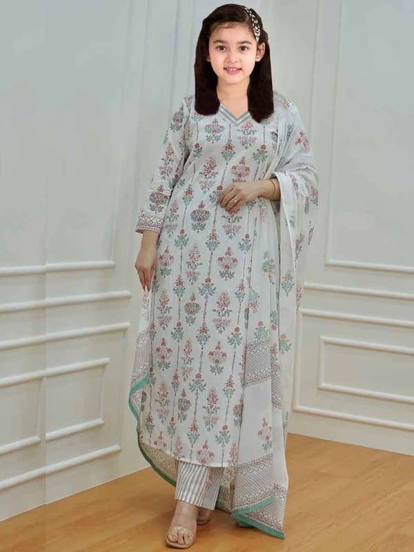 Bholukart Girls Cotton Blend Kurti with Salwar ( Pack of 1 , White ) - Image 2