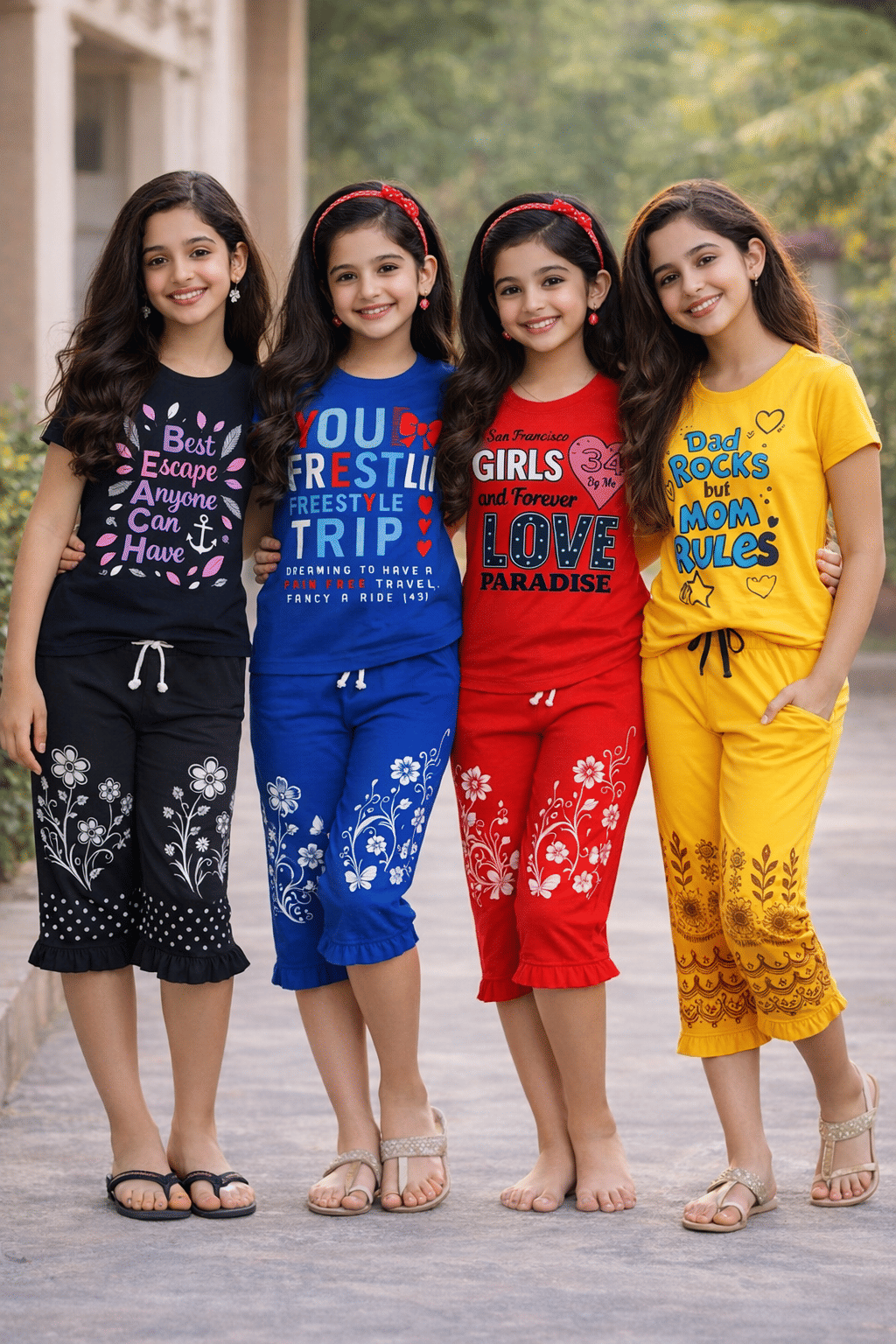 Girls Cotton T-shirt & Capris Set ( Multicolor 4 , Pack of 4 )