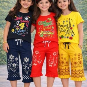 Girls Cotton T-shirt & Capris Set ( Multicolor 3 , Pack of 3 )