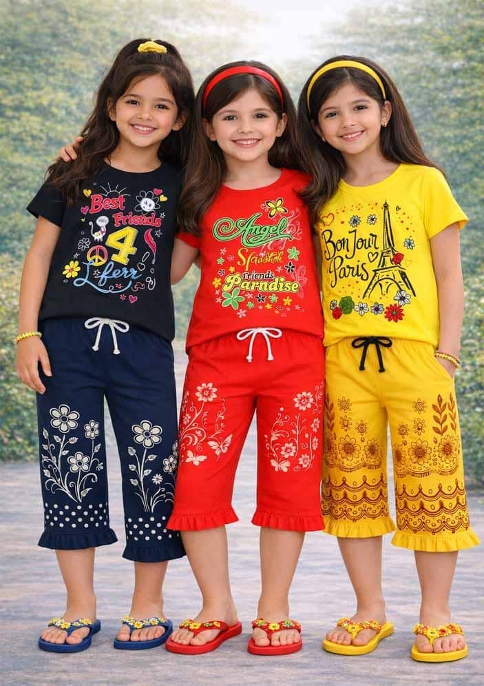 Girls Cotton T-shirt & Capris Set ( Multicolor 3 , Pack of 3 )