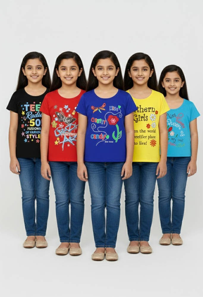 Pack of 5 Girls Cotton T-Shirt ( Multicolor 5 )