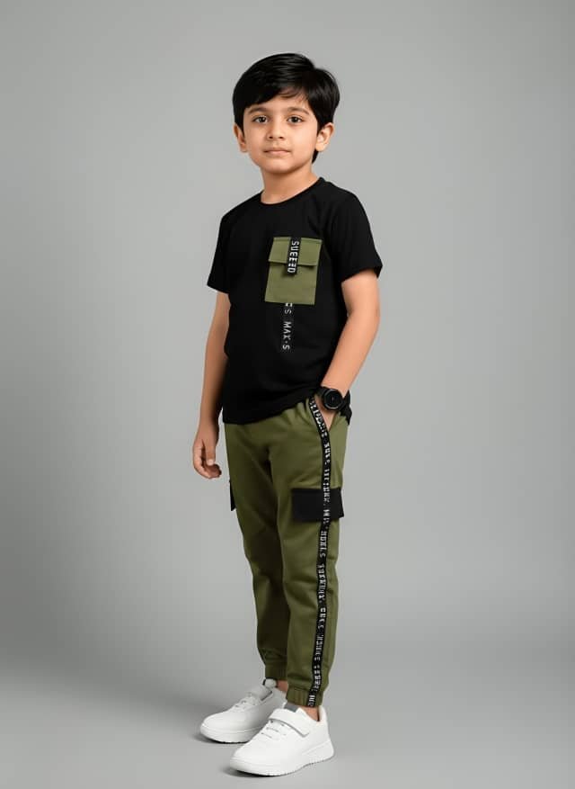 Cosmayer Boys Cotton Blend T-Shirt & Pants Set ( Black , Pack of 1 )