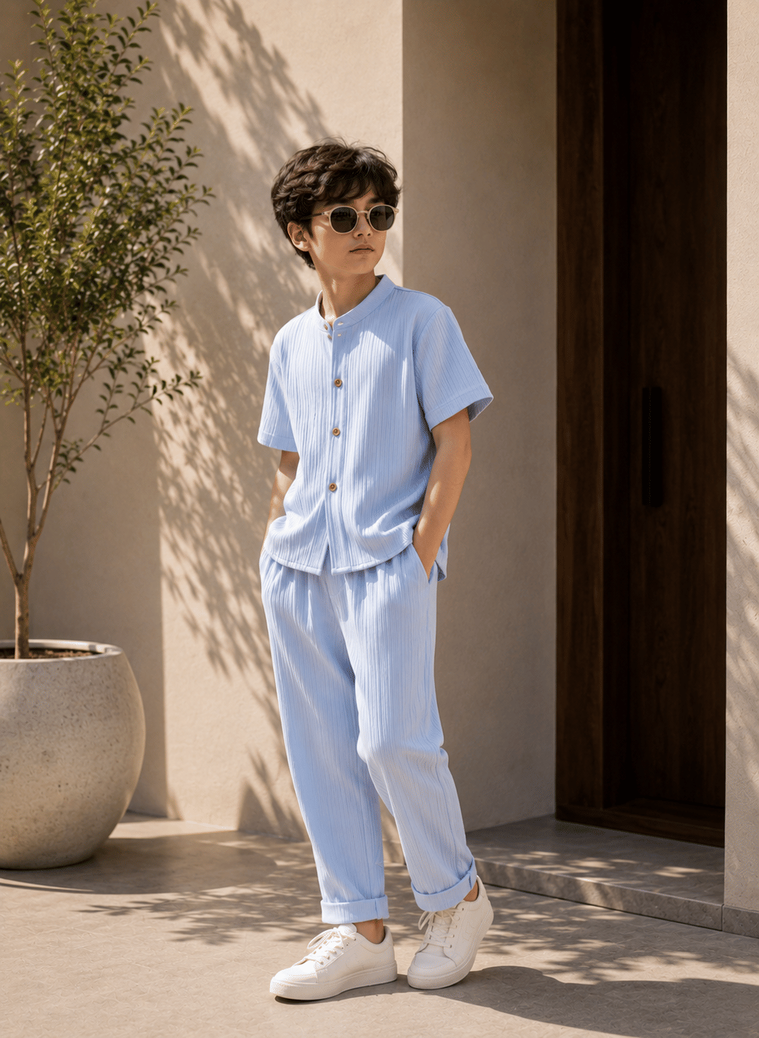 Boys Cotton Blend Shirt & Pants Set ( Light Blue , Pack of 1 )
