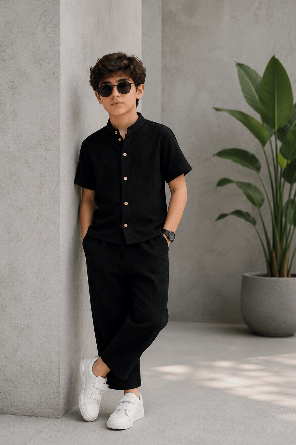 Boys Cotton Blend Shirt & Pants Set ( Black , Pack of 1 ) - Image 2