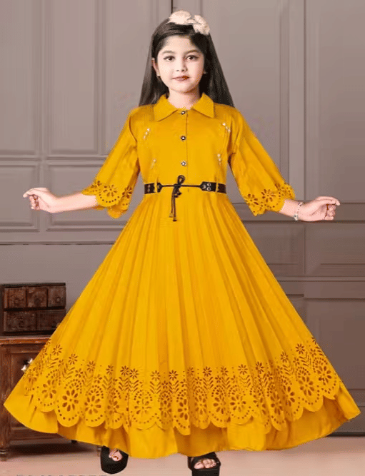 Cotton Blend Gown For Girls ( Pack of 1 , Mustard )
