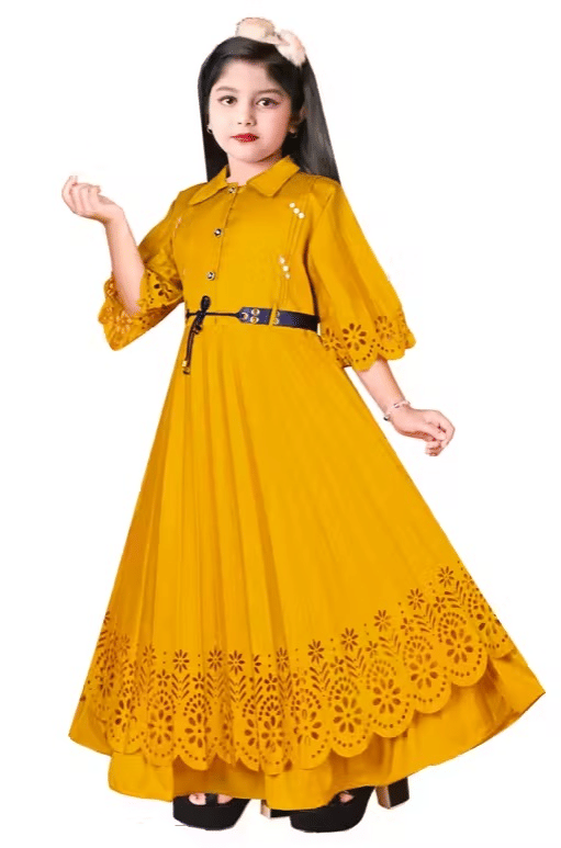 Cotton Blend Gown For Girls ( Pack of 1 , Mustard ) - Image 3