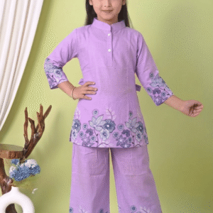 Cotton Blend Printed Tunic With Palazzo Co-Ord Set For Girls ( Lavender )
