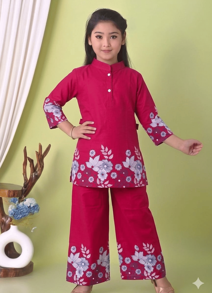 Cotton Blend Printed Tunic With Palazzo Co-Ord Set For Girls ( Maroon )
