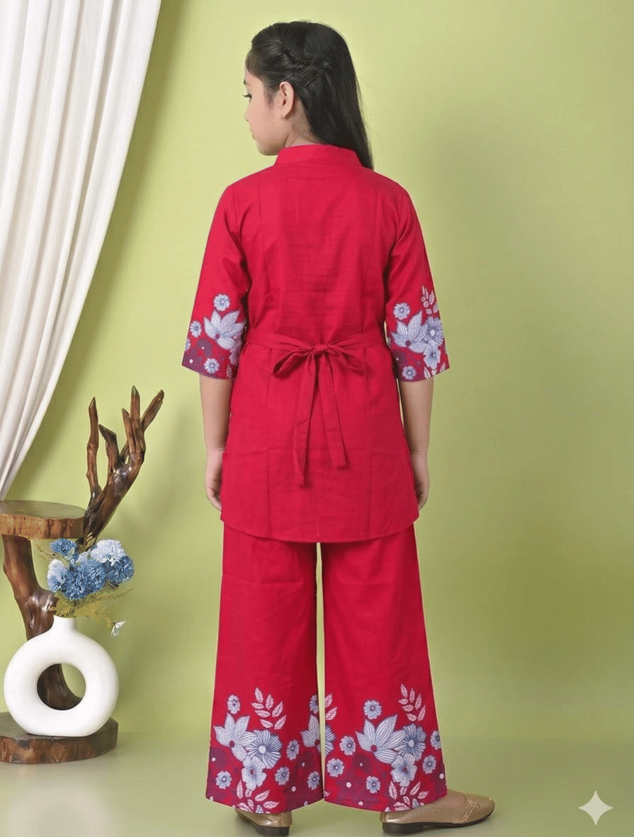 Cotton Blend Printed Tunic With Palazzo Co-Ord Set For Girls ( Maroon ) - Image 2