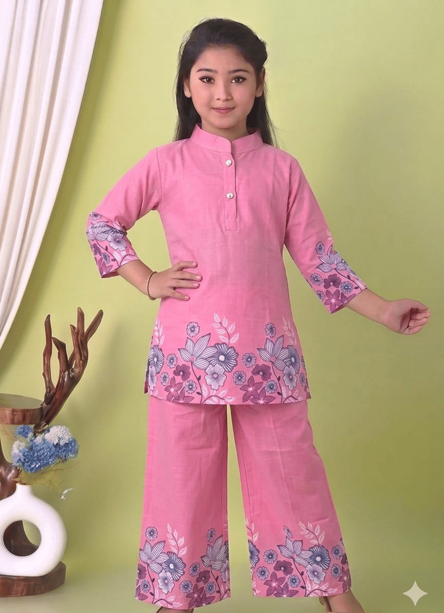 Cotton Blend Printed Tunic With Palazzo Co-Ord Set For Girls ( Pink )