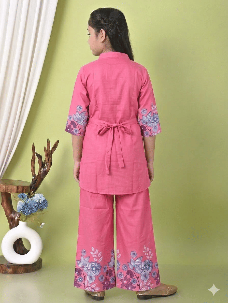 Cotton Blend Printed Tunic With Palazzo Co-Ord Set For Girls ( Pink ) - Image 2