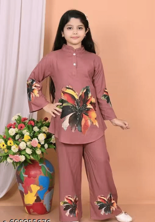 Cotton Printed Tunic With Trouser Co-Ord Set For Girls ( Brown )