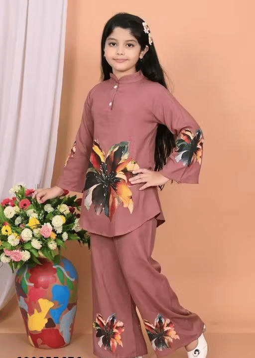 Cotton Printed Tunic With Trouser Co-Ord Set For Girls ( Brown ) - Image 3