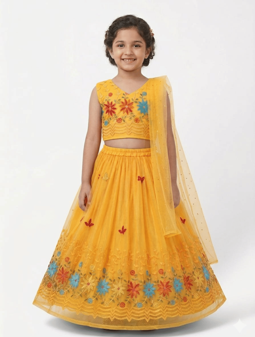 Georgette Lehenga Choli Set For Girls ( Pack of 1 , Yellow )