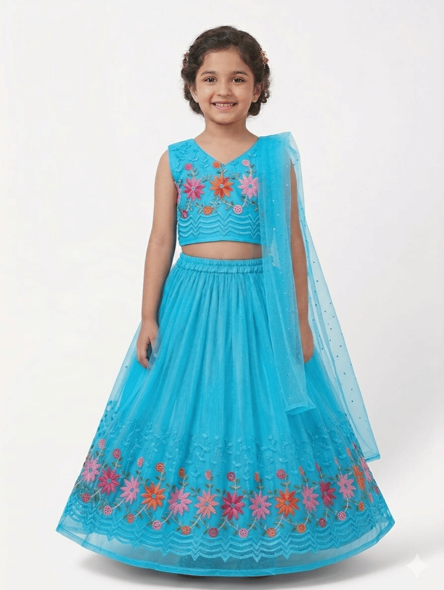 Georgette Lehenga Choli Set For Girls ( Pack of 1 , Blue )