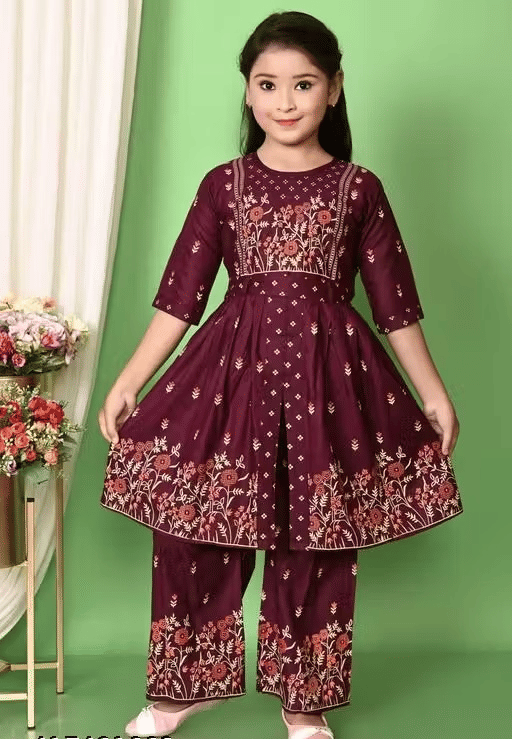 Girls Cotton Kurti with Pants ( Pack of 1 , Purple )