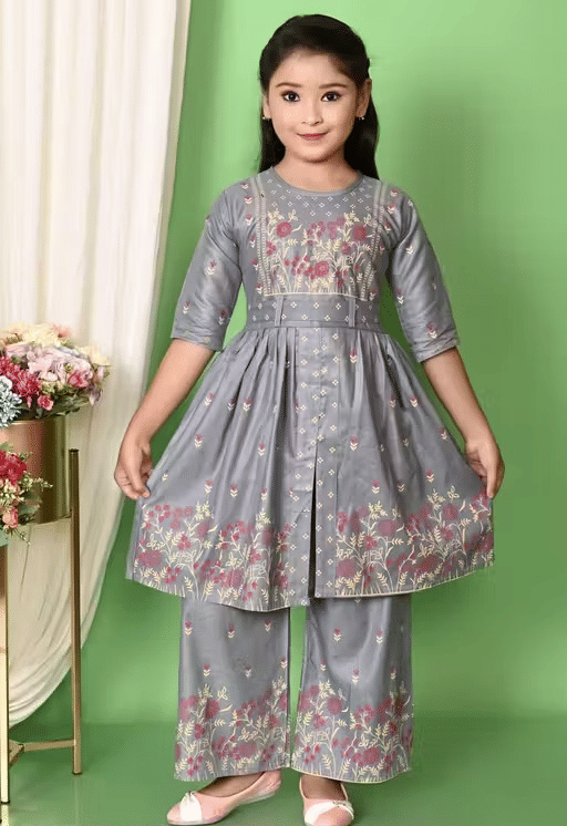 Girls Cotton Kurti with Pants ( Pack of 1 , Grey )