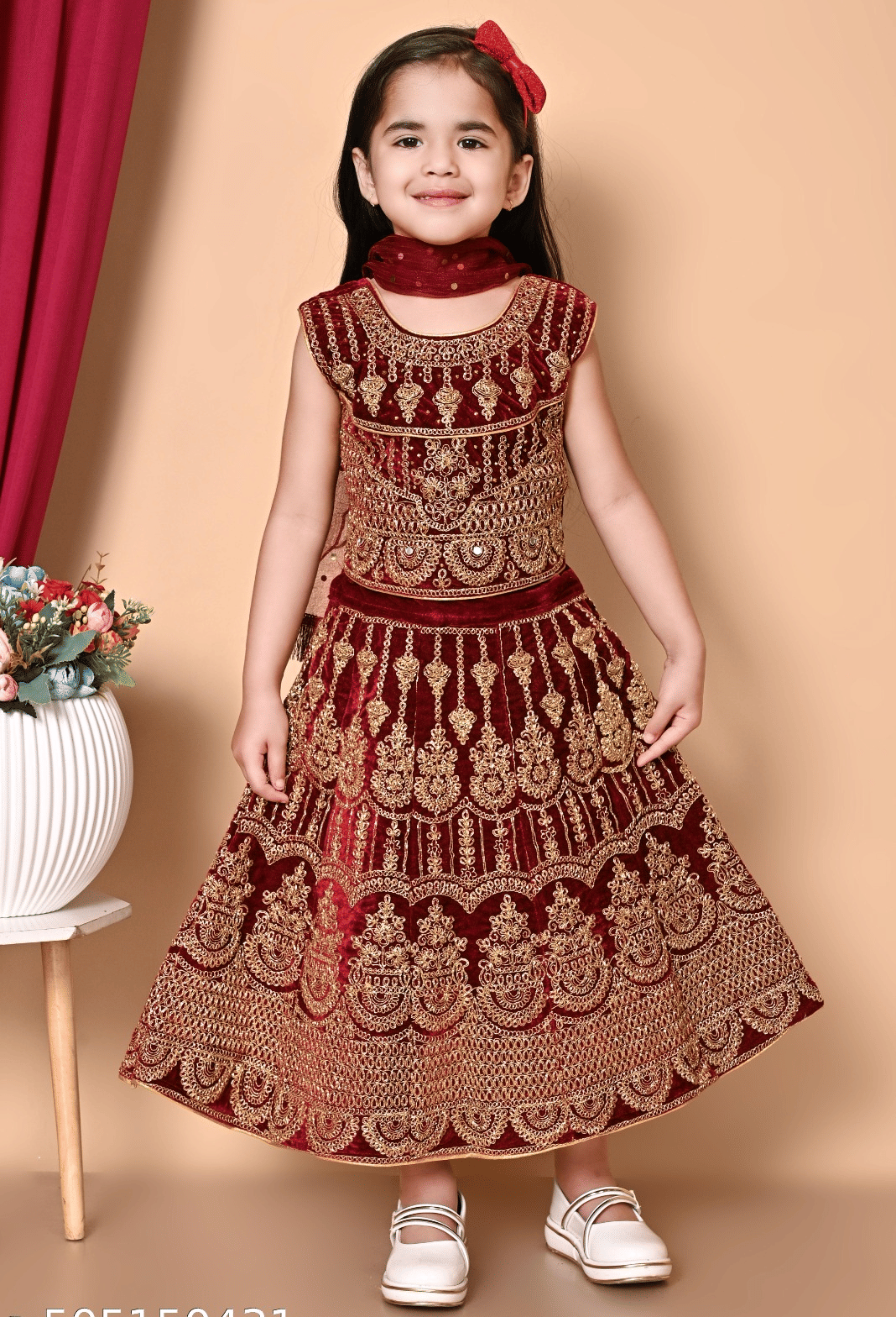 Velvet Lehenga Choli Set For Girls ( Pack of 1 , Maroon )