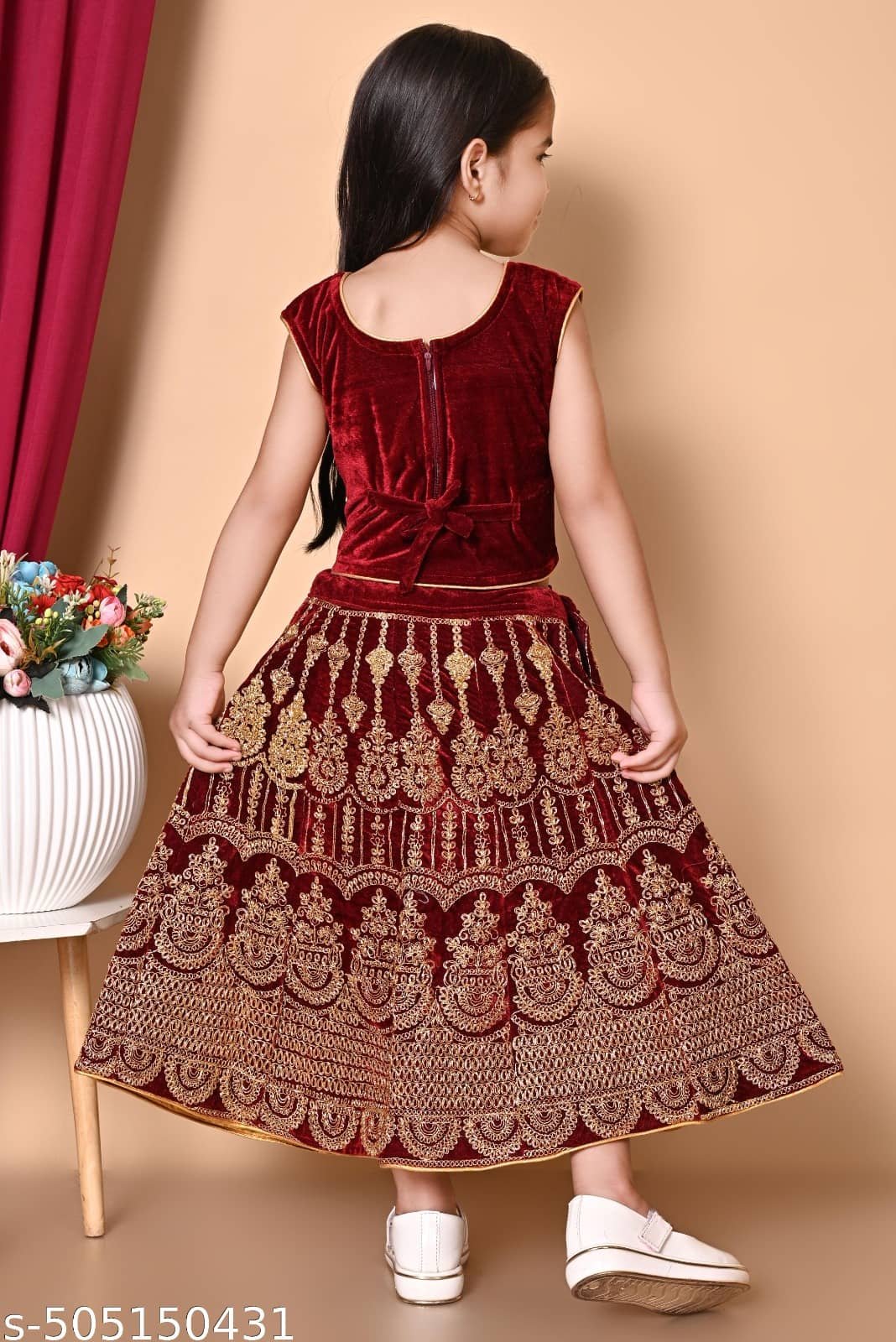 Velvet Lehenga Choli Set For Girls ( Pack of 1 , Maroon ) - Image 3