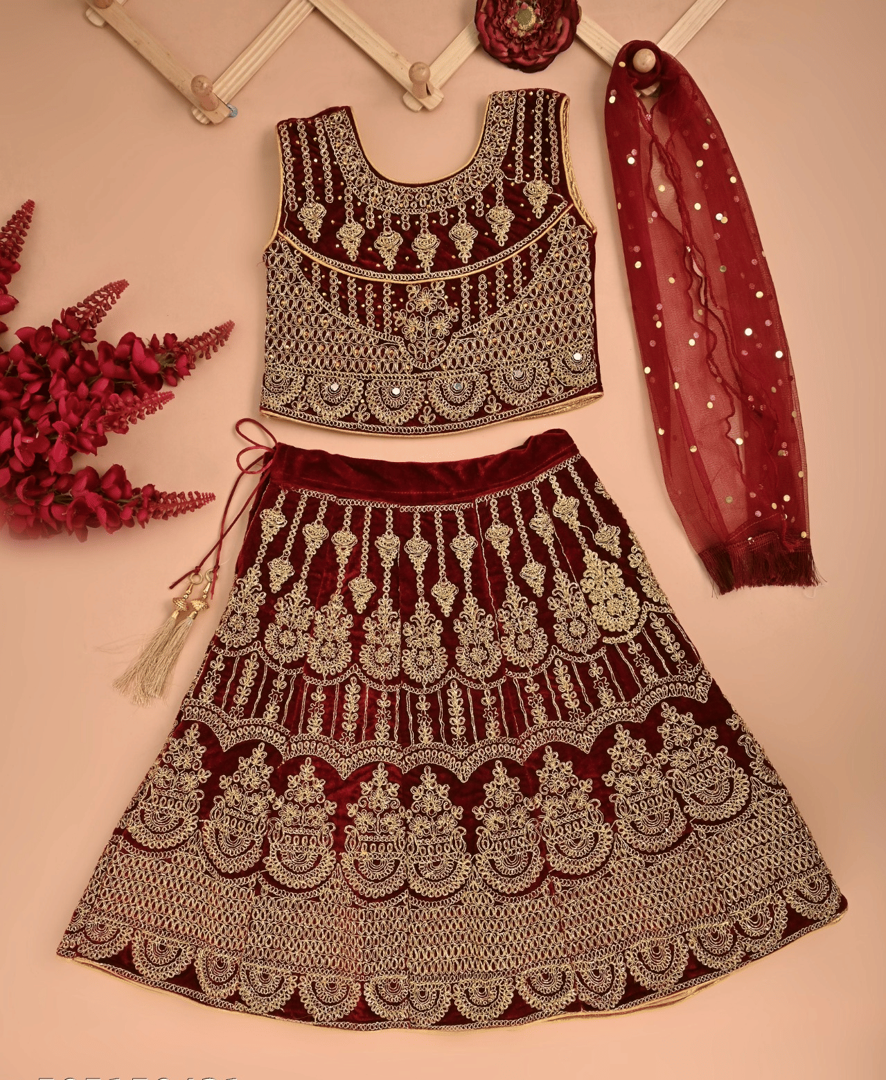 Velvet Lehenga Choli Set For Girls ( Pack of 1 , Maroon ) - Image 4
