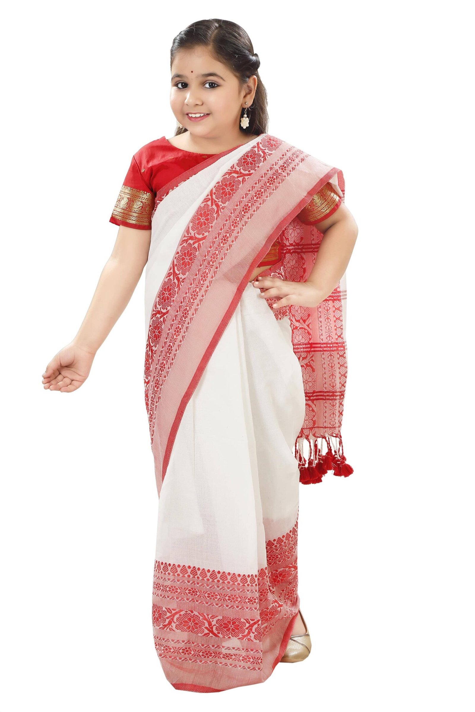 Desh Bidesh Cotton Regular Saree For Girls ( White , Pack of 1 ) - Image 2