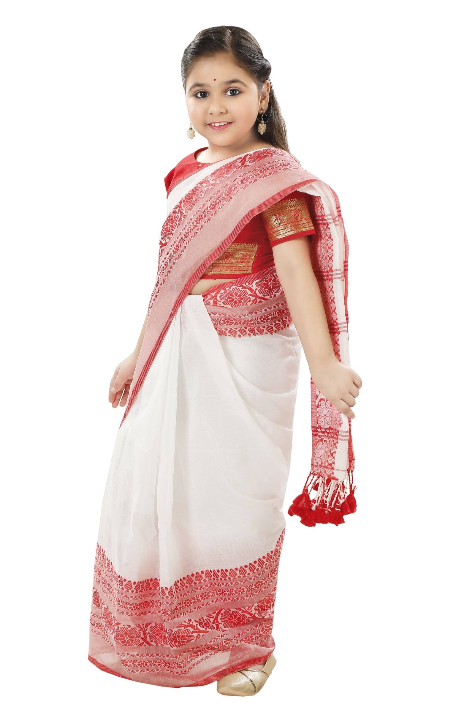 Desh Bidesh Cotton Regular Saree For Girls ( White , Pack of 1 ) - Image 3