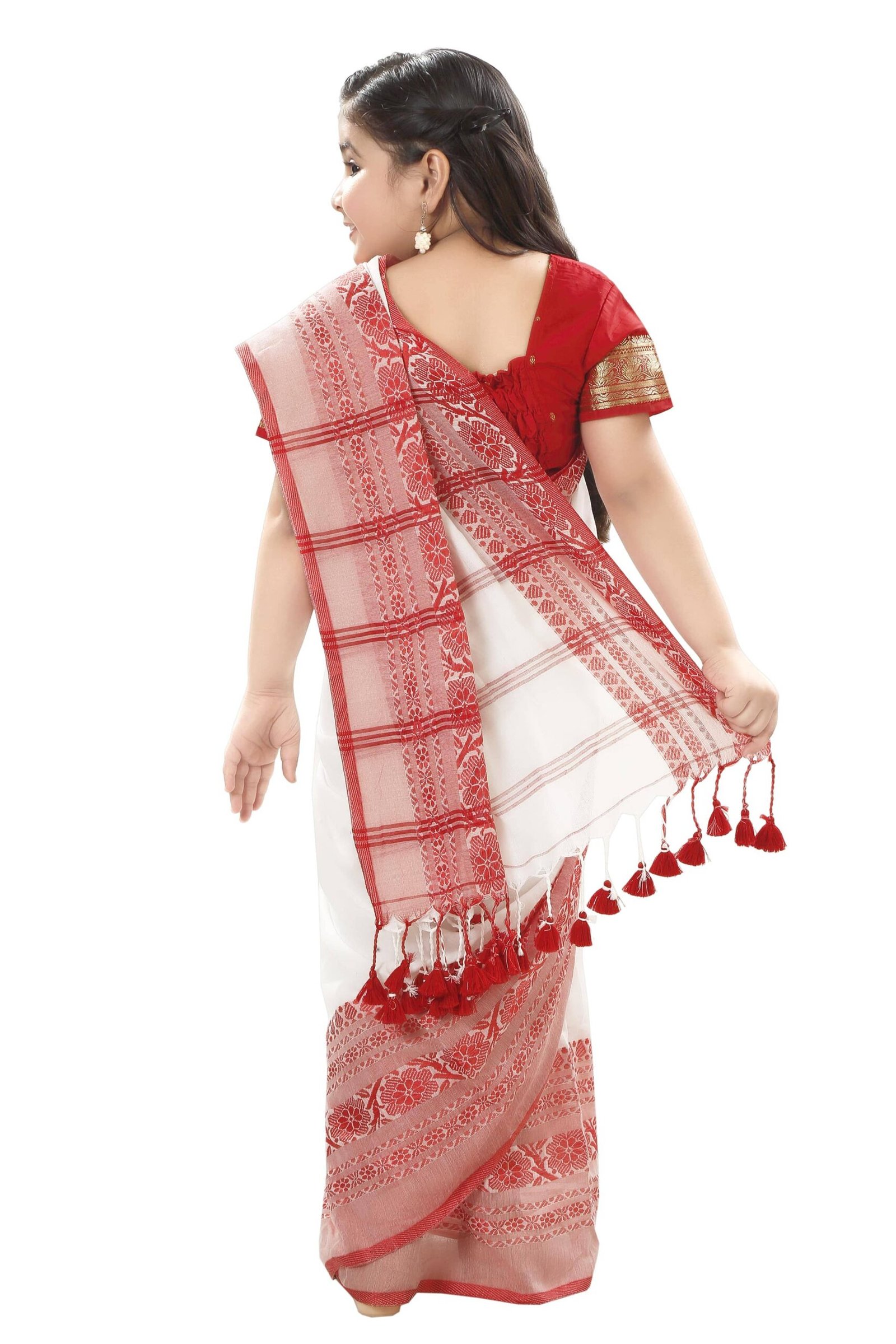 Desh Bidesh Cotton Regular Saree For Girls ( White , Pack of 1 ) - Image 4