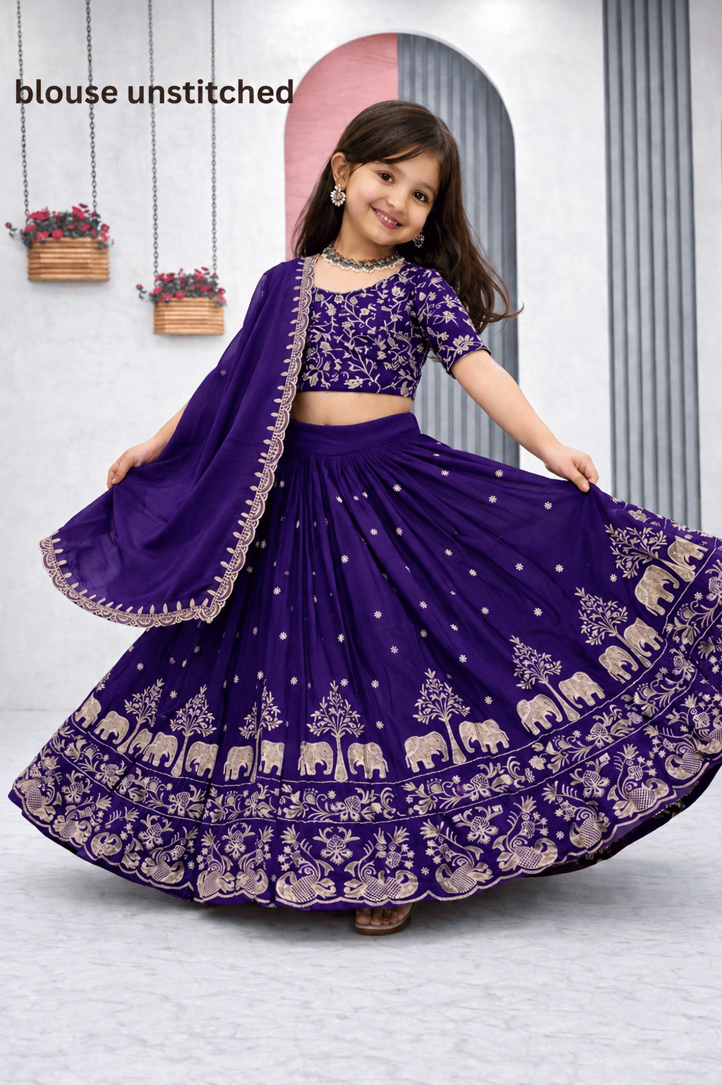 Silk Lehenga Choli Set For Girls ( Pack of 1 , Denim Blue )