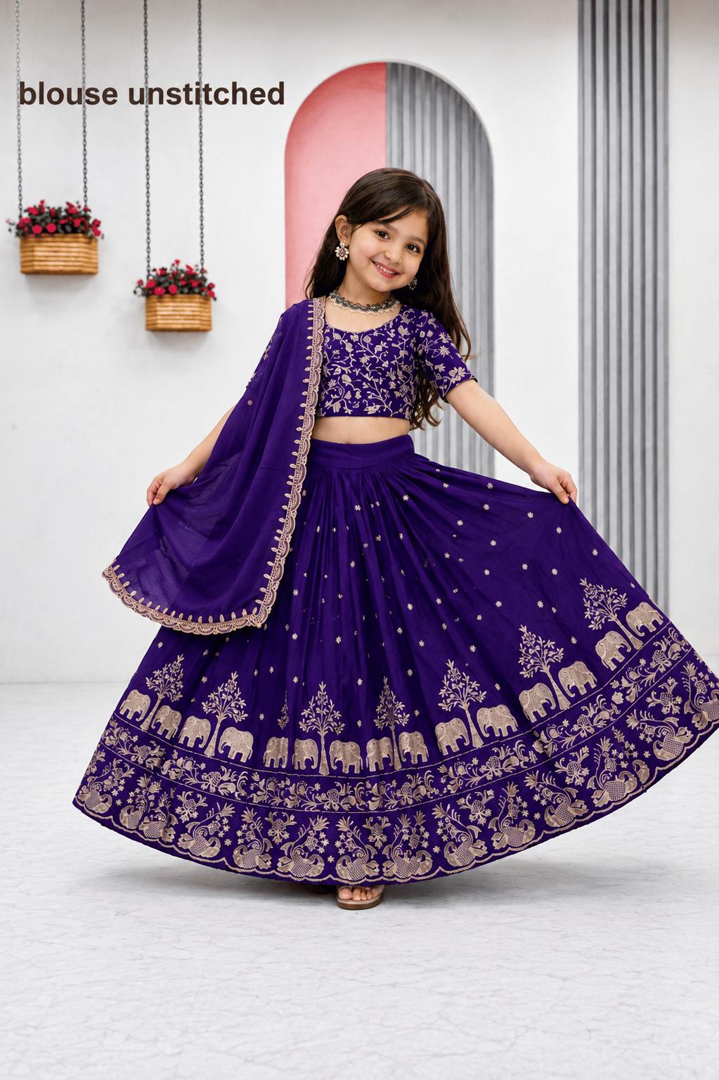 Silk Lehenga Choli Set For Girls ( Pack of 1 , Denim Blue ) - Image 3