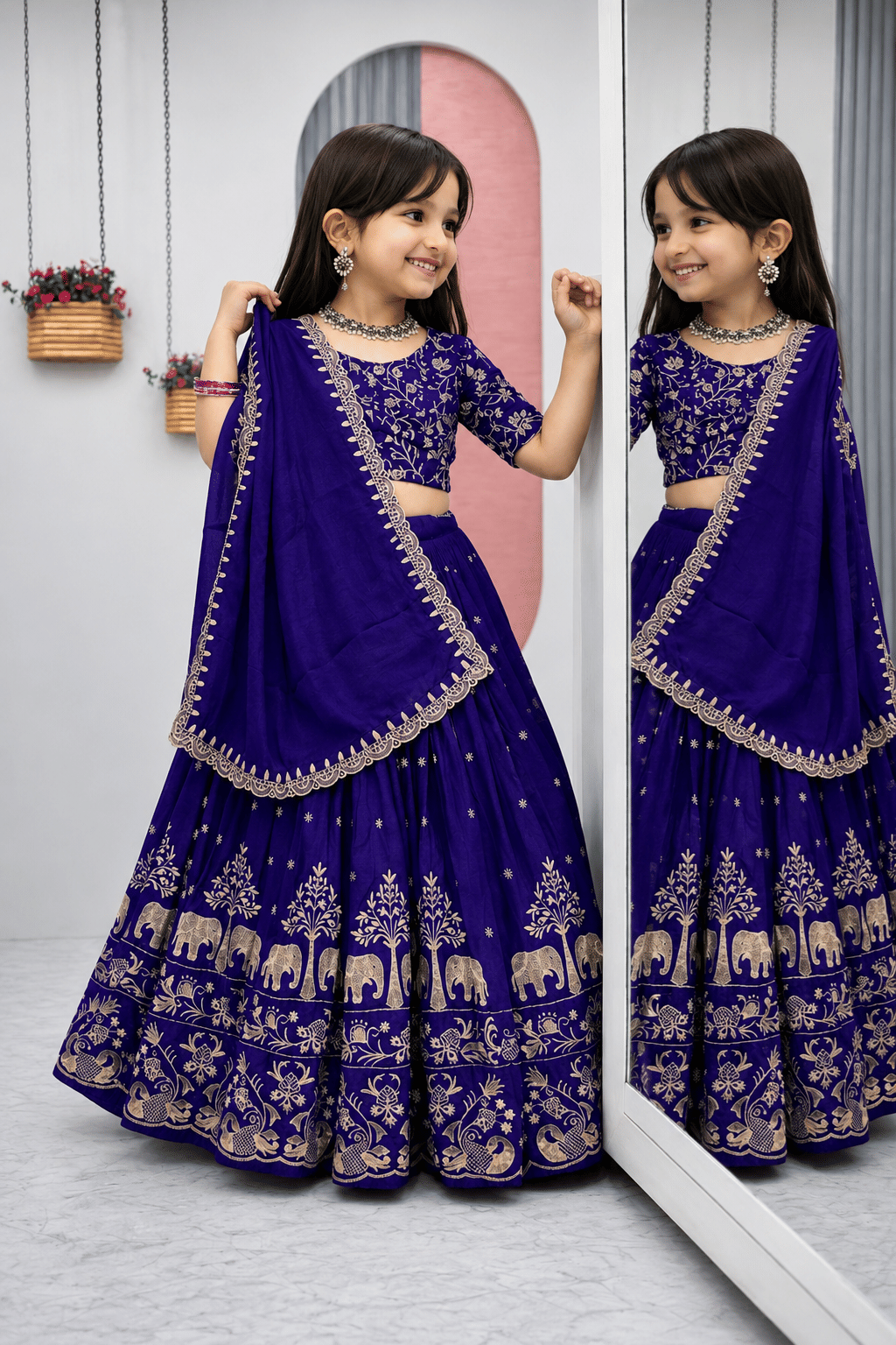 Silk Lehenga Choli Set For Girls ( Pack of 1 , Denim Blue )