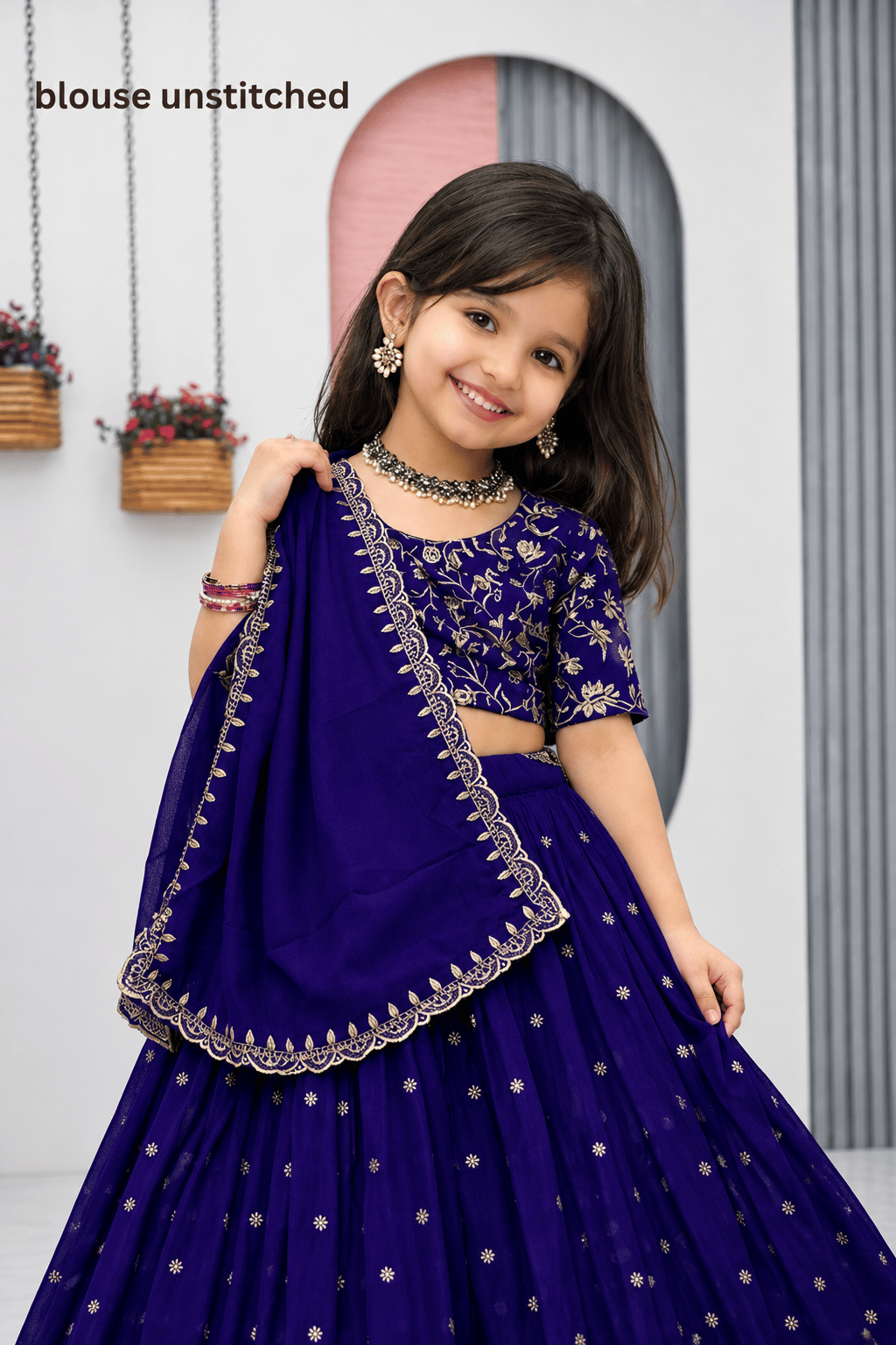 Silk Lehenga Choli Set For Girls ( Pack of 1 , Denim Blue ) - Image 2